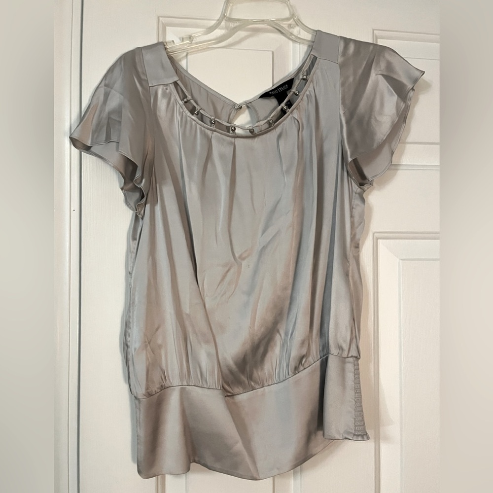 White House Black Market silver beaded silk blouse